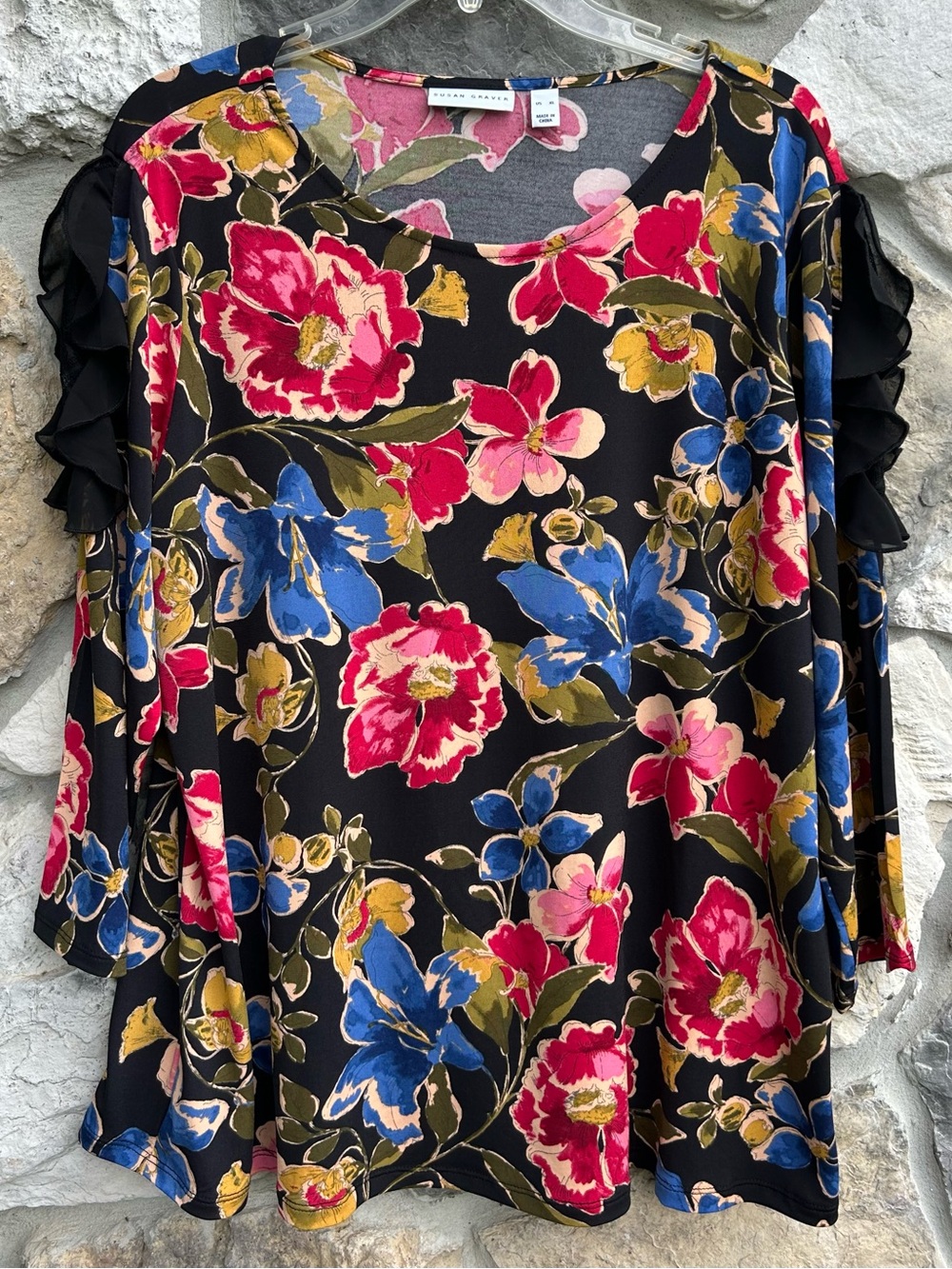 Susan Graver Liquid Knit Blouse Top Size XL Colorful Floral Ruffle Feminine